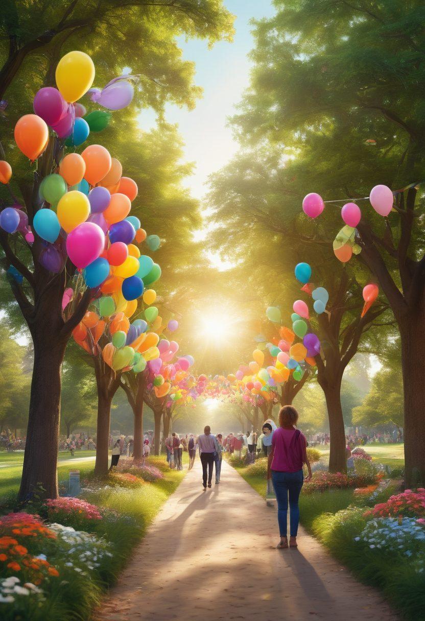 A serene gathering of diverse cancer survivors and caregivers sharing supportive moments in a lush green park. Visible are encouraging symbols like ribbons and colorful balloons, with sunlight filtering through the trees, illuminating their joyful faces. Include a ribbon-shaped pathway leading to a resource booth filled with pamphlets. warm colors. super-realistic. vibrant nature background.