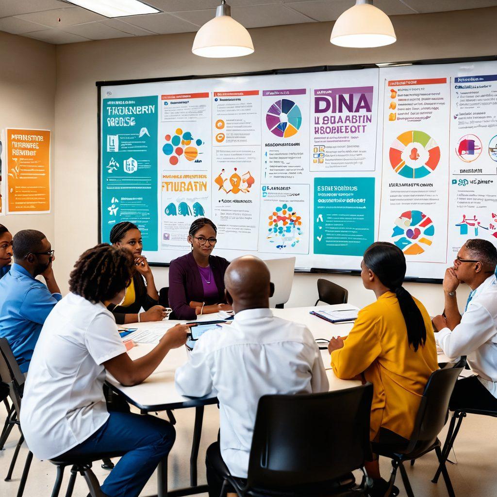 A diverse group of individuals, including doctors and patients, engaged in a vibrant discussion about cancer treatment and prevention, surrounded by educational posters and infographics. Symbolic elements like books, lightbulbs, and a DNA helix incorporated within the scene to represent knowledge and discovery. A hopeful and empowering atmosphere, with warm lighting and a modern classroom setting. super-realistic. vibrant colors. white background.