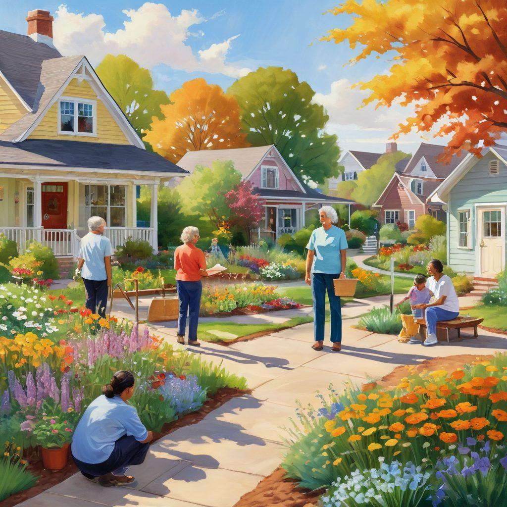 An evocative scene portraying diverse caregivers in a warm, welcoming neighborhood setting. Include elements like a community garden, supportive conversations among caregivers, and resources like pamphlets and a notice board. Focus on fostering connections and support, with gentle sunlight illuminating their interactions. Use soft, inviting colors and a peaceful atmosphere. painting. vibrant colors. natural setting.